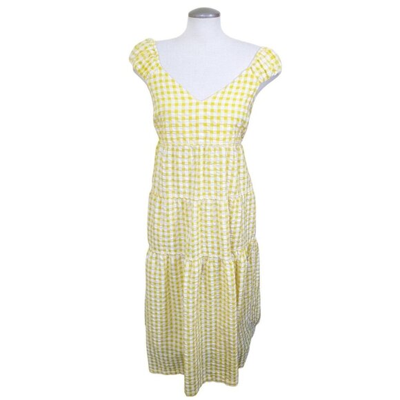 Old Navy Womens M Fit Flare Tiered Seersucker All Day Yellow Gingham Maxi Dress - Picture 10 of 12